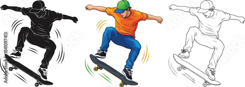Skateboarder performing an aerial trick captured in three distinct graphic styles including color silhouette and outline versions