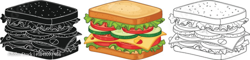 Delicious layered vegetable and cheese sandwich presented in full color black silhouette and outline styles for versatile design use