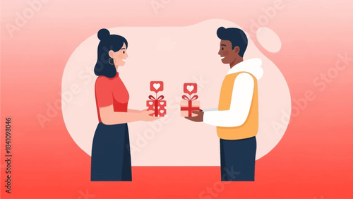 A charming flat design illustration depicting a joyful diverse couple exchanging romantic gifts, symbolizing love and connection on Valentine's Day.