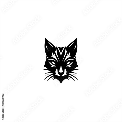 Cat head silhouette displayed as a simple black vector emblem design. Animal icon concept