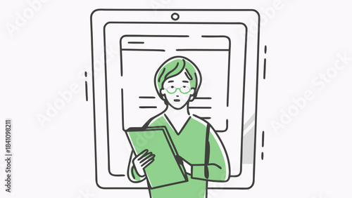 Illustration of a woman with glasses holding a clipboard in front of a tablet displaying text content