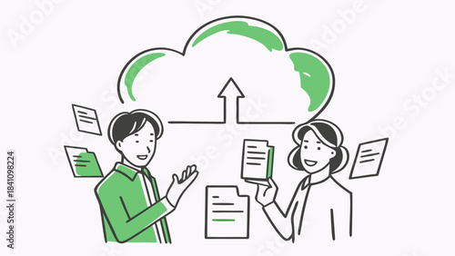 Illustration of two people uploading documents to a cloud storage service with green accents used
