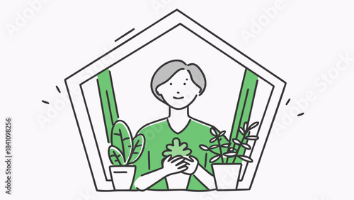 Illustration of a person holding a plant in front of a pentagon shaped window with plants nearby
