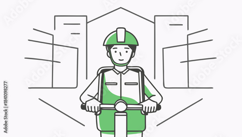 Illustration of a delivery person on a scooter wearing a helmet in a city environment with buildings
