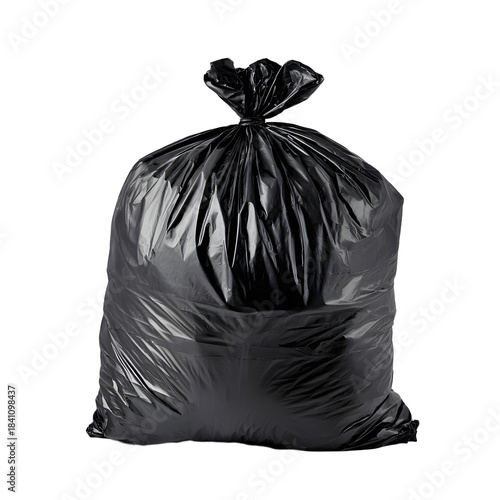 Black Trash Bag Filled with Waste Isolated on White Background