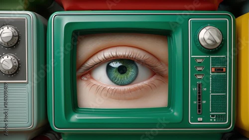 Retro televisions displaying human eyes appear surreal. Colorful vintage televisions stacked with close-up eyes 

