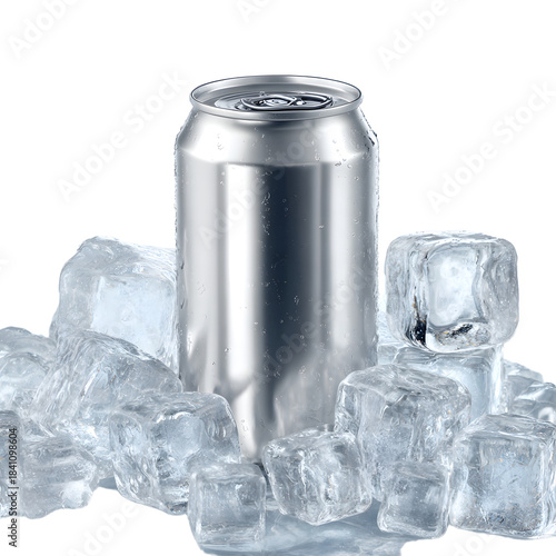 Shiny Silver Aluminum Can in Clear Ice Cube Close-Up