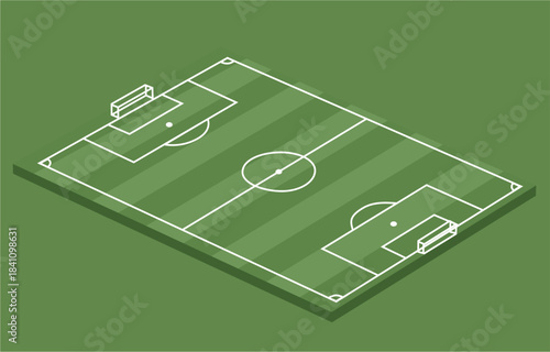 Isometric Football Pitch Vector – Low Angle Soccer Field with Shadow Base, Clean White Line Markings, and Striped Grass for Sports Graphics and Match Analysis Layout