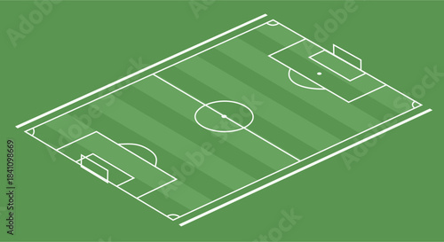 Isometric Soccer Field Vector – Minimal Line Art Football Pitch with Striped Grass and Clean Elevated Perspective for Sports Design and Tactical Illustration