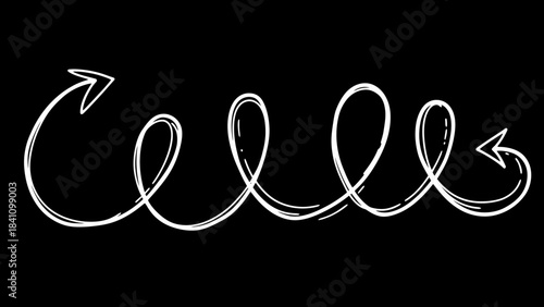 White handdrawn spiral arrow line on black background