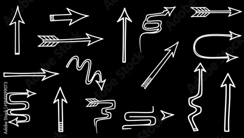 Collection of white handdrawn arrows on a black background