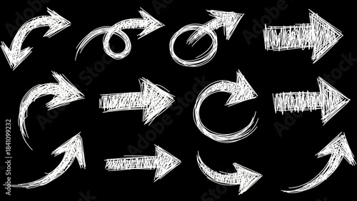 White handdrawn chalkstyle arrows displayed against a black background