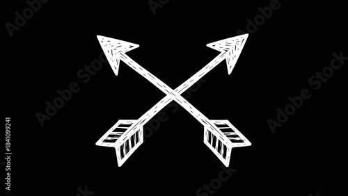 Two white handdrawn crossed arrows on a solid black background