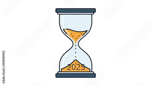 Hourglass Countdown to 2025: This image shows a creative conceptualization of time, featuring an hourglass with sand flowing towards a base marked with the year 2025.