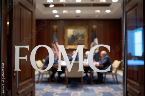 The word FOMC on a glass wall panel as members of the Federal Open Market Committee meets to decide on interest rates and monetary policy. Concept on FOMC meeting, federal funds rate direction.