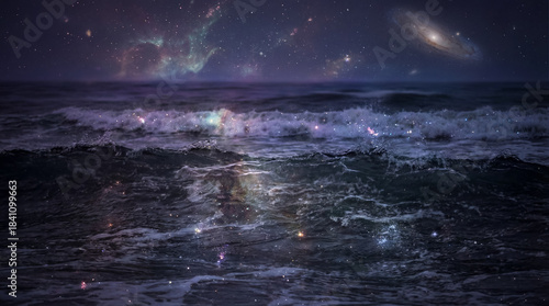 Gentle waves ripple under a night sky filled with luminous stars and a faraway galaxy, creating a surreal seascape.