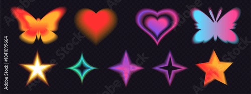 Neon blur stickers set isolated on transparent background. Vector realistic illustration of holographic butterfly, heart, star with color gradient effect, y2k pastel signs, groovy aesthetic decoration