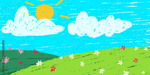 Crayon chalk painting in kid pastel style - green grass land with colorful flowers, white clouds and yellow sun on blue sky background. Child pencil drawing for spring illustration or nursery decor