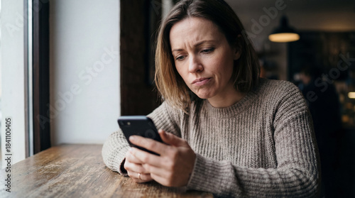 A woman sits in a cafe, gazing intently at her phone screen. Her brow furrows, suggesting she is confused or concerned by what she sees on her mobile device.