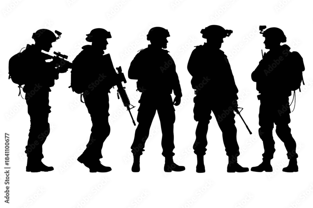 Obraz premium Silhouette of five soldiers in tactical gear with weapons