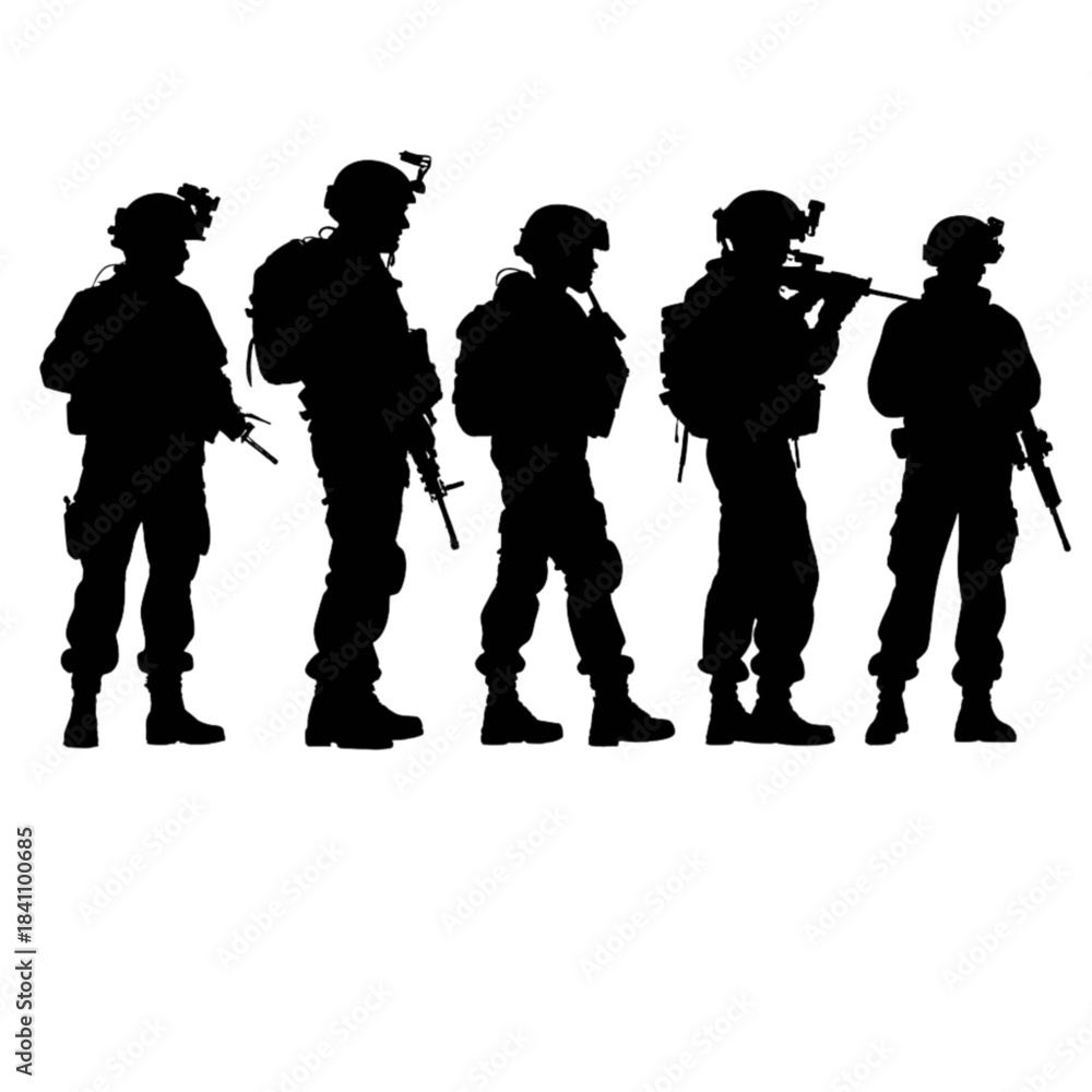 Obraz premium Silhouette of five soldiers in tactical gear with weapons