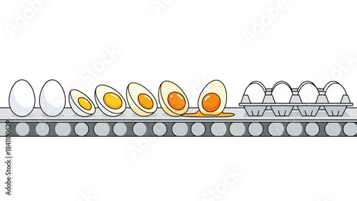 Conveyor belt processing whole and sliced boiled eggs with carton packaging