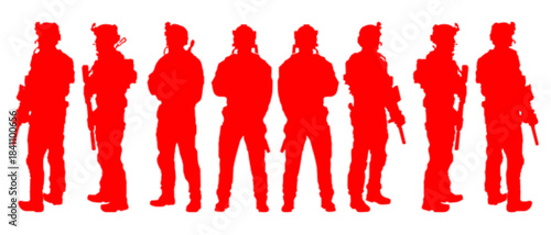 Red silhouette of eight soldiers or police officers standing in a row