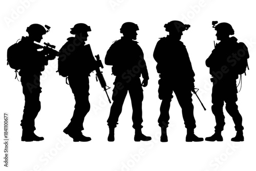 Silhouette of five soldiers in tactical gear with weapons