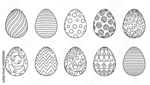 Collection of 10 Decorative Easter Eggs with Unique Patterns in Black and White Outline