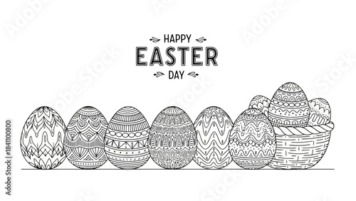 Happy Easter Day Decorative Eggs and Basket Art Illustration - Vector Graphic