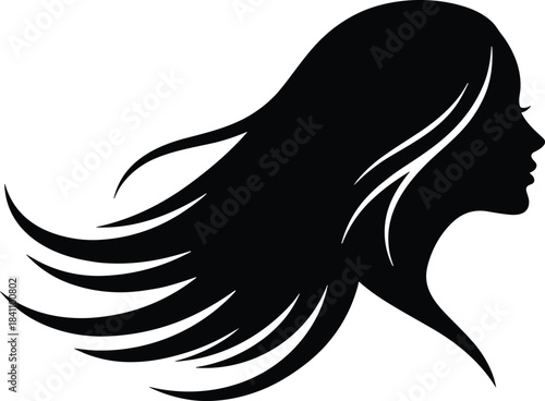 Elegant female profile silhouette with flowing hair design, perfect for beauty, fashion, haircare branding, logo, and minimalist art themes