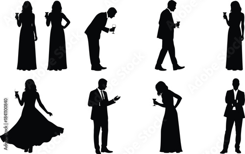 Elegant Silhouettes of Men and Women Holding Drinks in Formal Attire, Socializing, Toasting, and Interacting at Stylish Party Event