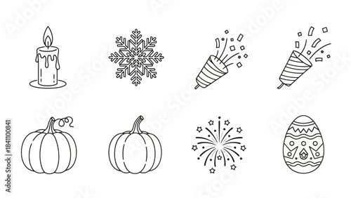 Collection of Seasonal and Celebration Icons in a Simple Art Style