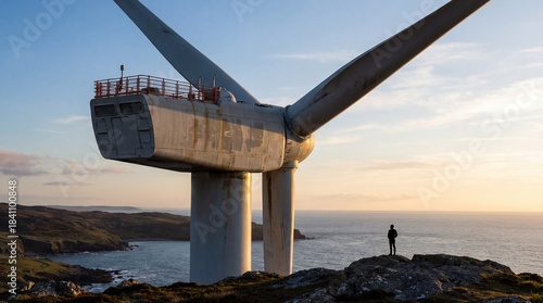 A person stands atop a craggy cliff at dusk, dwarfed by a towering wind turbine and overlooking the expansive, glittering sea along the coastline of Scotland.