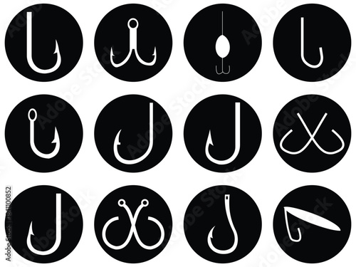 Fishing Hook Icon Set – Minimalist Single and Double Hook Silhouettes for Nautical and Outdoor Designs