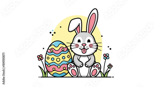 A cute cartoon Easter bunny sits next to a decorated Easter egg surrounded by small flowers and grass.