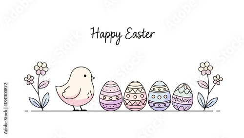 A charming illustration of a fluffy chick standing next to decorated Easter eggs and delicate flowers, conveying a festive holiday spirit.