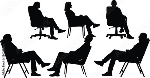 Silhouette of diverse seated individuals in various chairs and postures, ideal for meeting, discussion, body language, and social themes