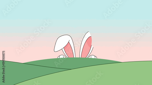 Cute Easter Bunny Ears Peeking Over Green Hills Under Soft Pastel Sky