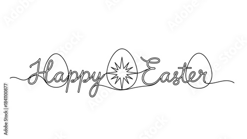 A minimalist, continuous line drawing of the text "Happy Easter" with three decorative Easter eggs integrated into the lettering.