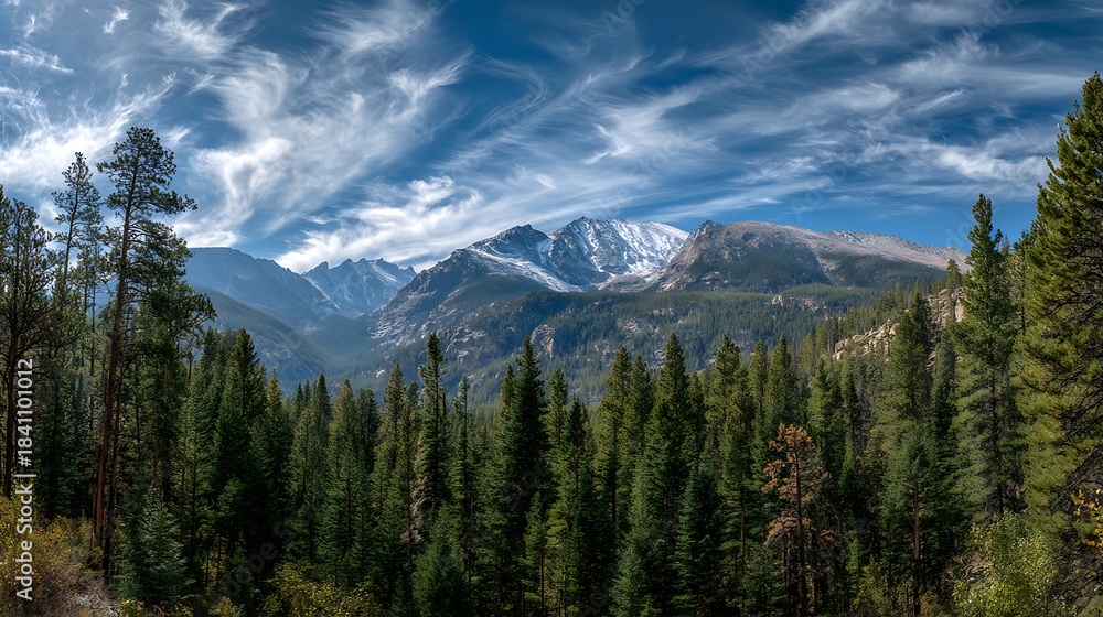 Fototapeta premium Snow Capped Mountains Visible Above a Forest of Evergreen Trees and Cloudy Sky