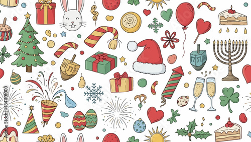Seamless Pattern of Festive Holiday and Celebration Doodles on White Background