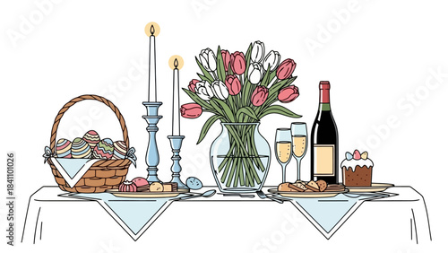 Festive Easter Table Setting with Eggs, Flowers, and Wine for Celebration