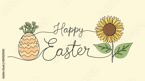 Happy Easter single art illustration of an Easter egg and sunflower