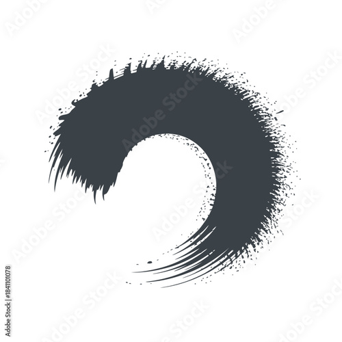 Grungy Dark Gray Circular Brush Stroke with Splatter Effect - Abstract Paint Swirl or Textured Enso Element