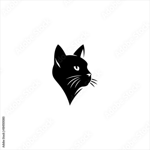 Cat head silhouette displayed as a simple black vector emblem design. Animal icon concept
