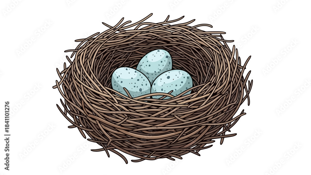 Obraz premium Close-up of a Brown Twig Bird Nest with Three Blue Speckled Eggs Inside