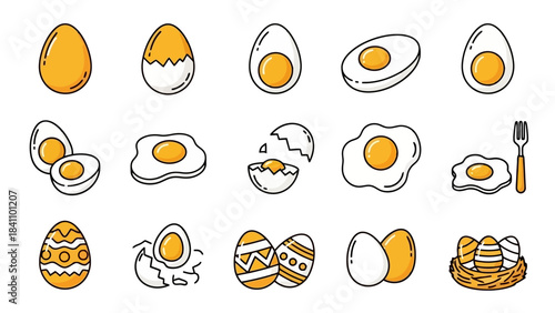 Collection of Diverse Egg Icons and Easter Eggs in a Stylized Illustration Style