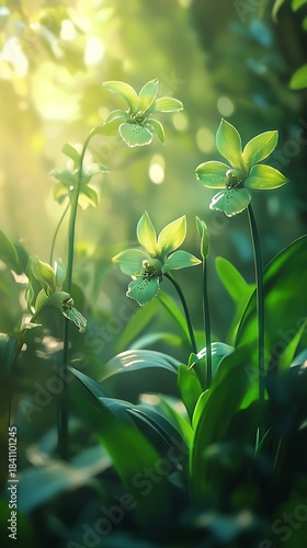 Soft sunlight bathes the graceful green Calypso Orchid flowers standing tall amidst lush foliage