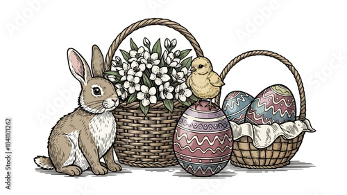 Vintage Easter Scene with Rabbit, Chick, Eggs, and Flowers in Wicker Baskets